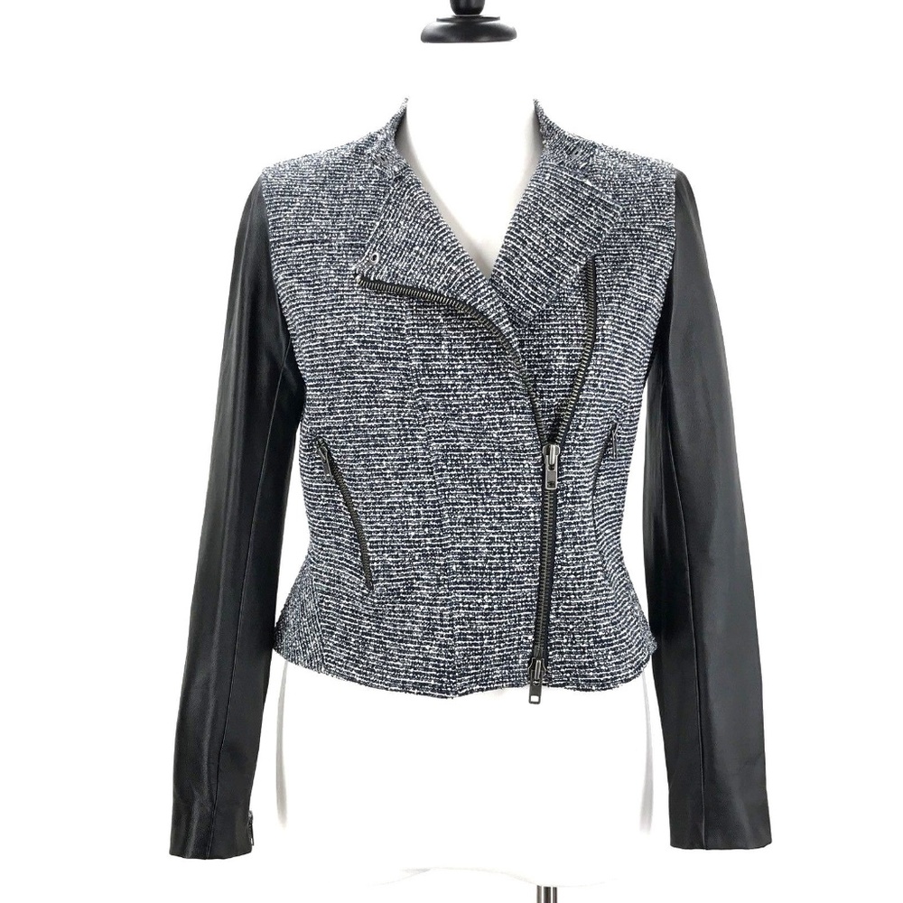 THEORY Tweed Black Lamb Leather Moto Jacket Blazer - Picture 2 of 8
